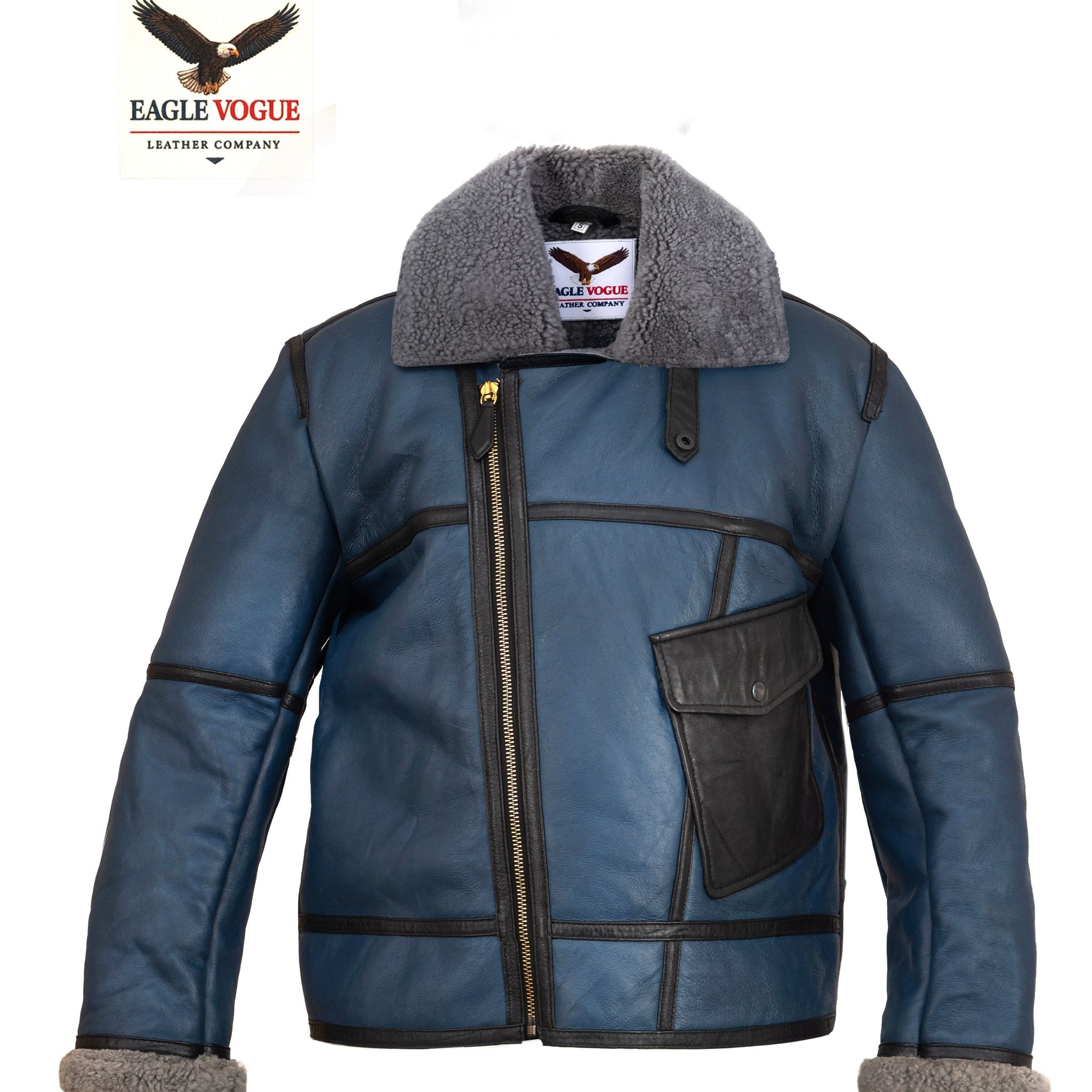 Blue Shearling Aviator Bomber Jacket | B3 Pilot Jacket | Genuine Sheepskin Fur Lined Winter Coat | Eagle Vogue