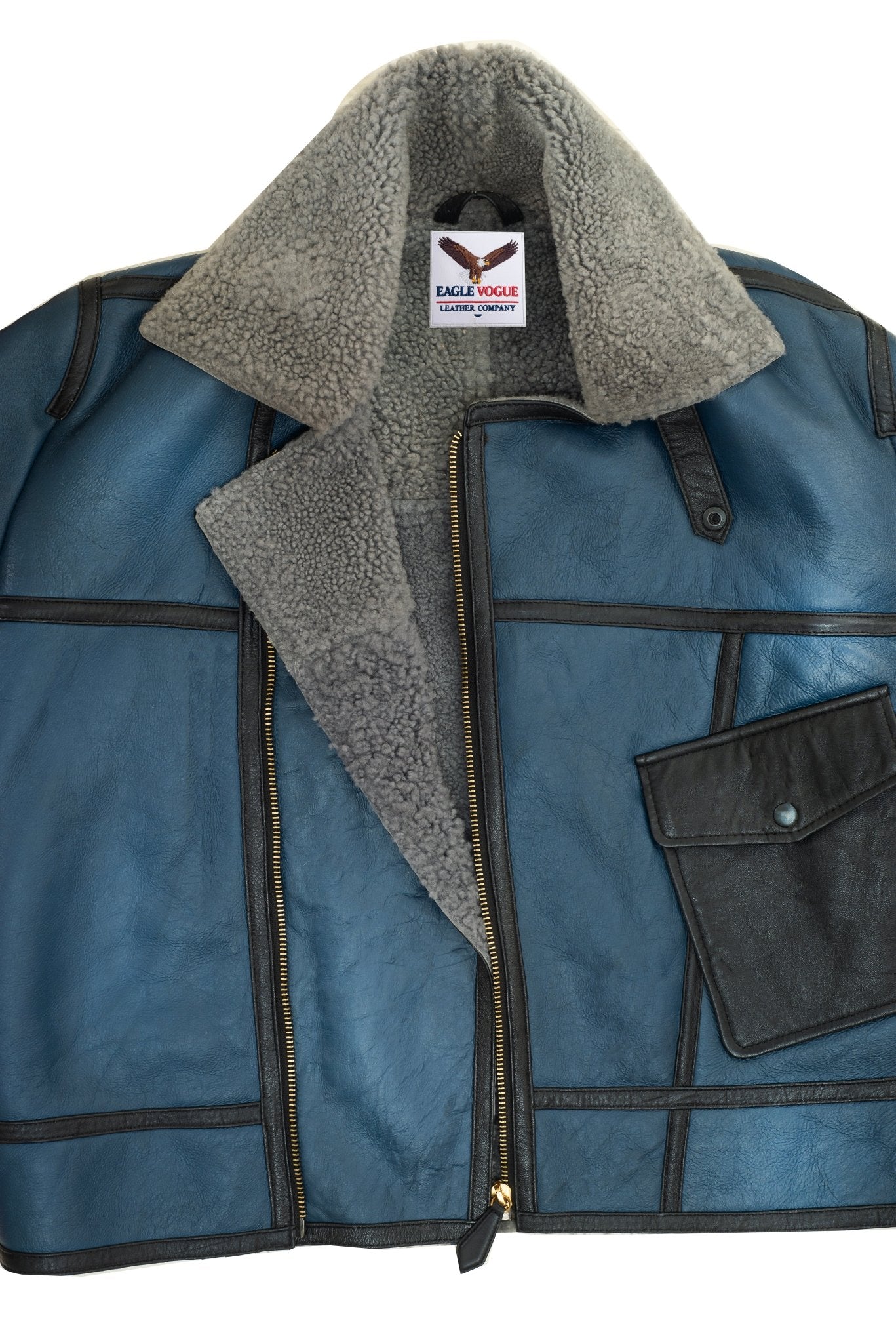 Blue Shearling Aviator Bomber Jacket | B3 Pilot Jacket | Genuine Sheepskin Fur Lined Winter Coat | Eagle Vogue