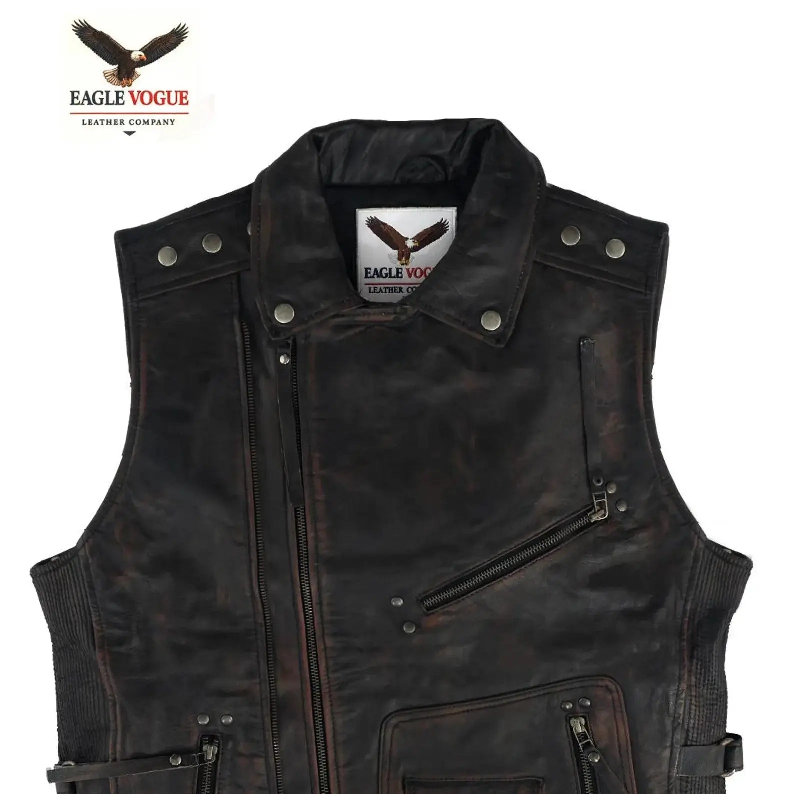 Distressed Brown Leather Vest | Biker Style Motorcycle Vest | Genuine Leather | Eagle Vogue