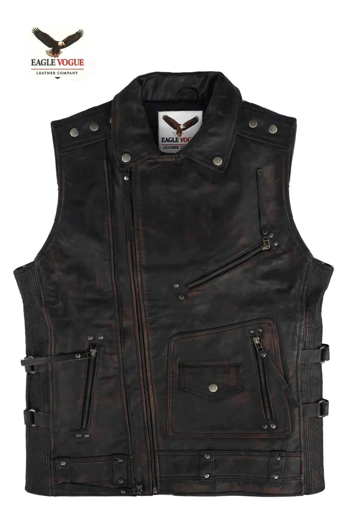Distressed Brown Leather Vest | Biker Style Motorcycle Vest | Genuine Leather | Eagle Vogue