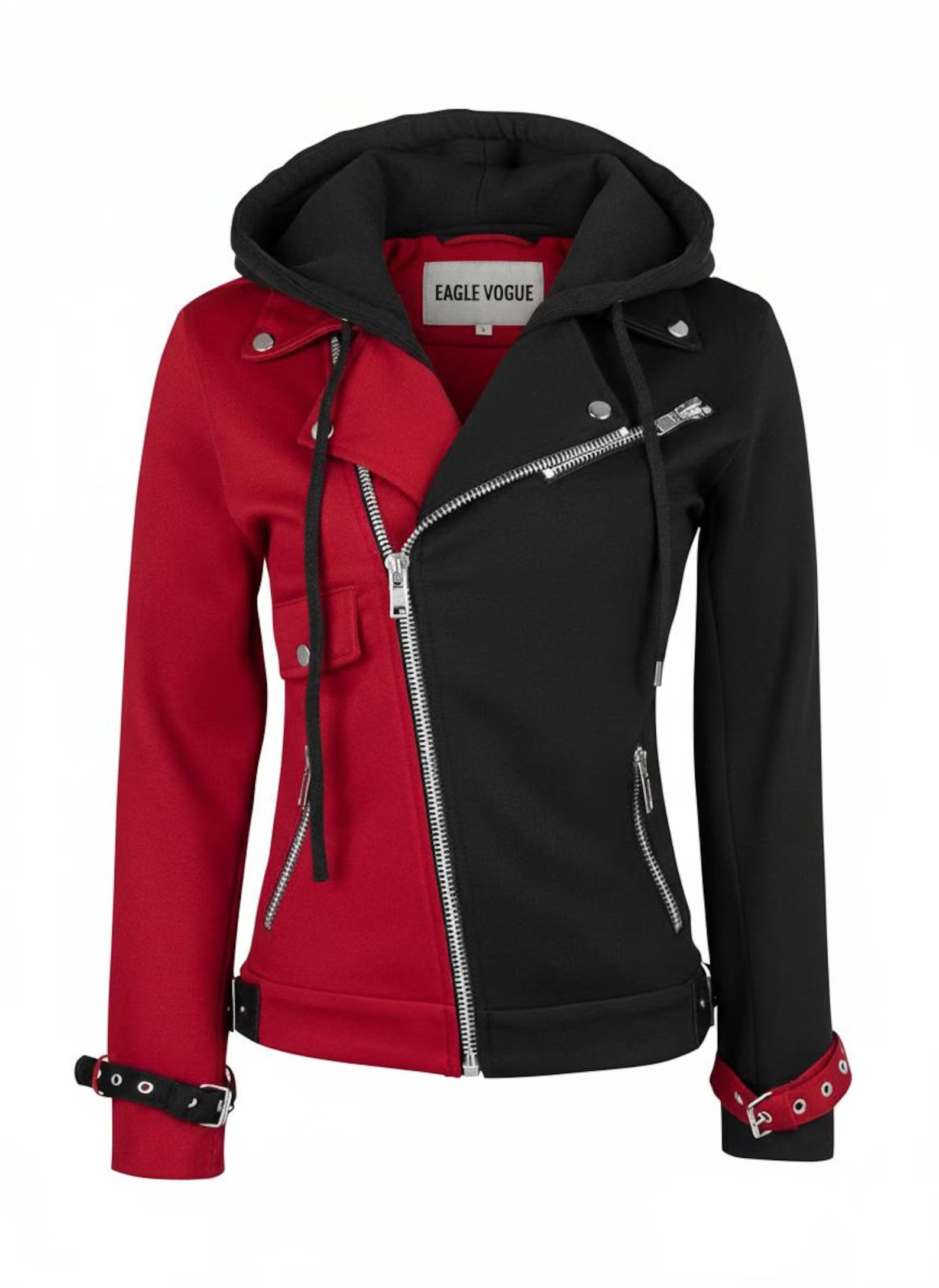 Red & Black Asymmetrical Hoodie: Punk Rock Biker Jacket