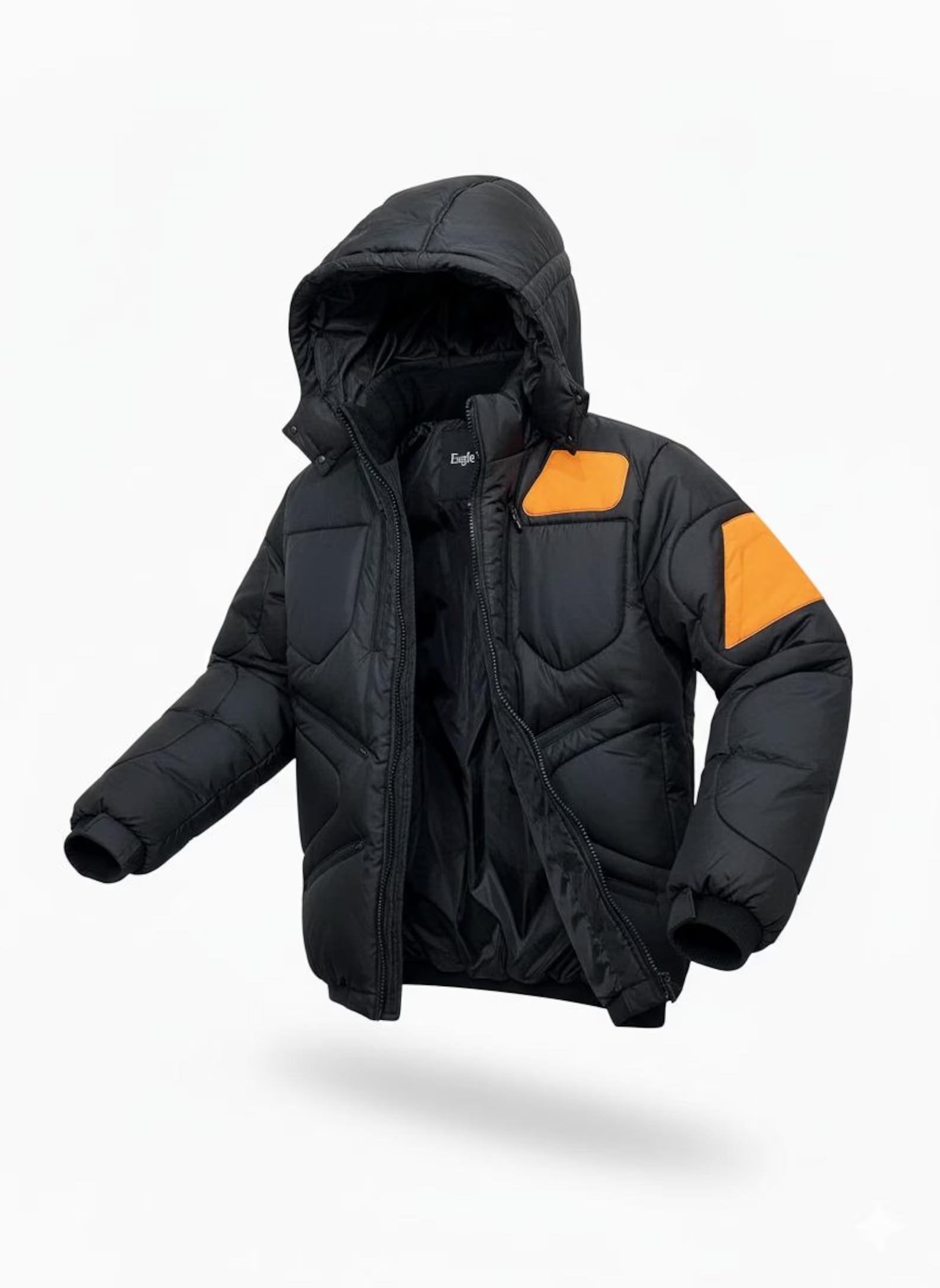 Men’s Black Down Puffer Jacket: Water-Resistant Winter Coat with Orange Detail