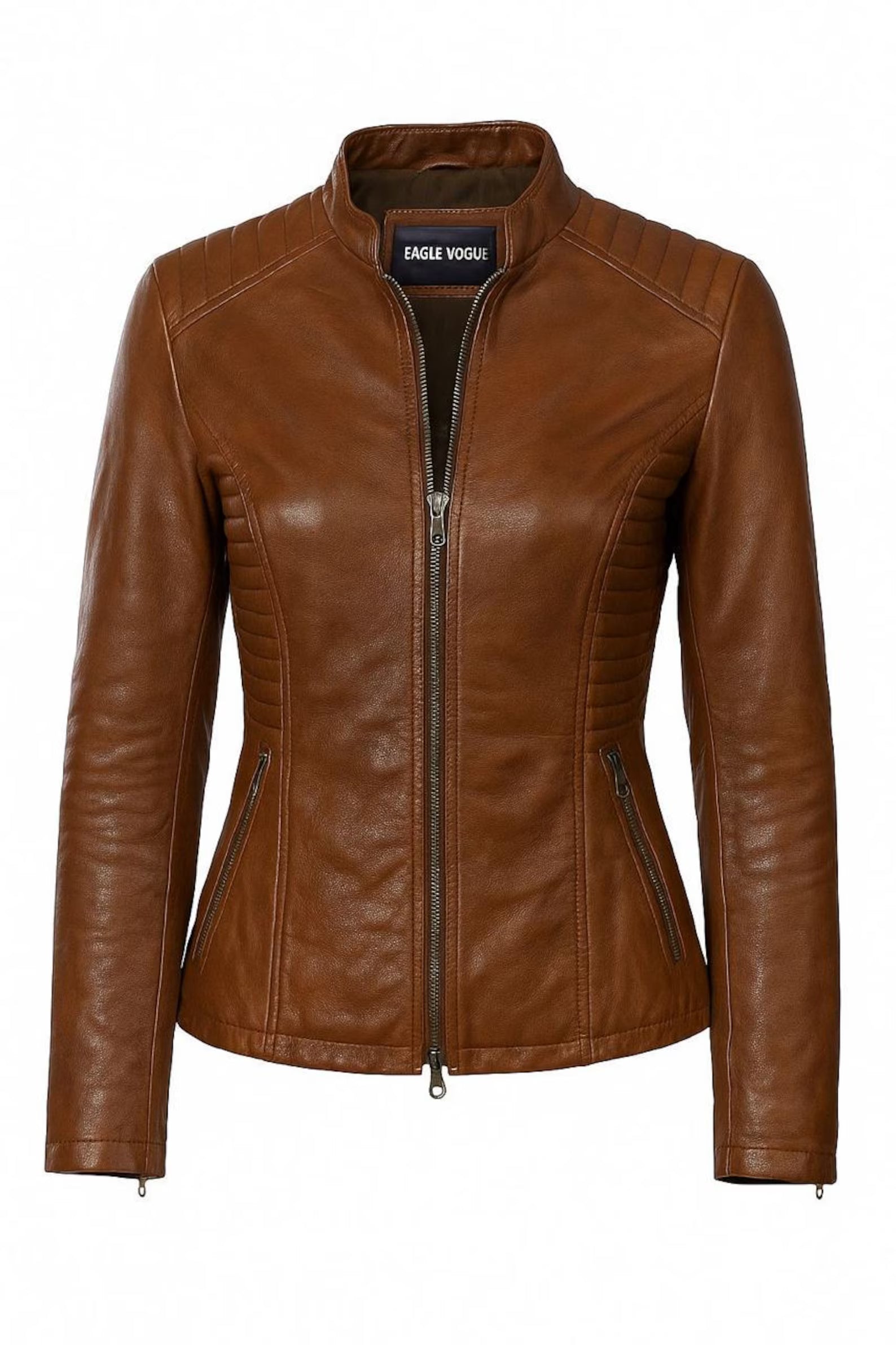 Brown Lambskin Leather Biker Jacket: Women's Fitted Moto Style
