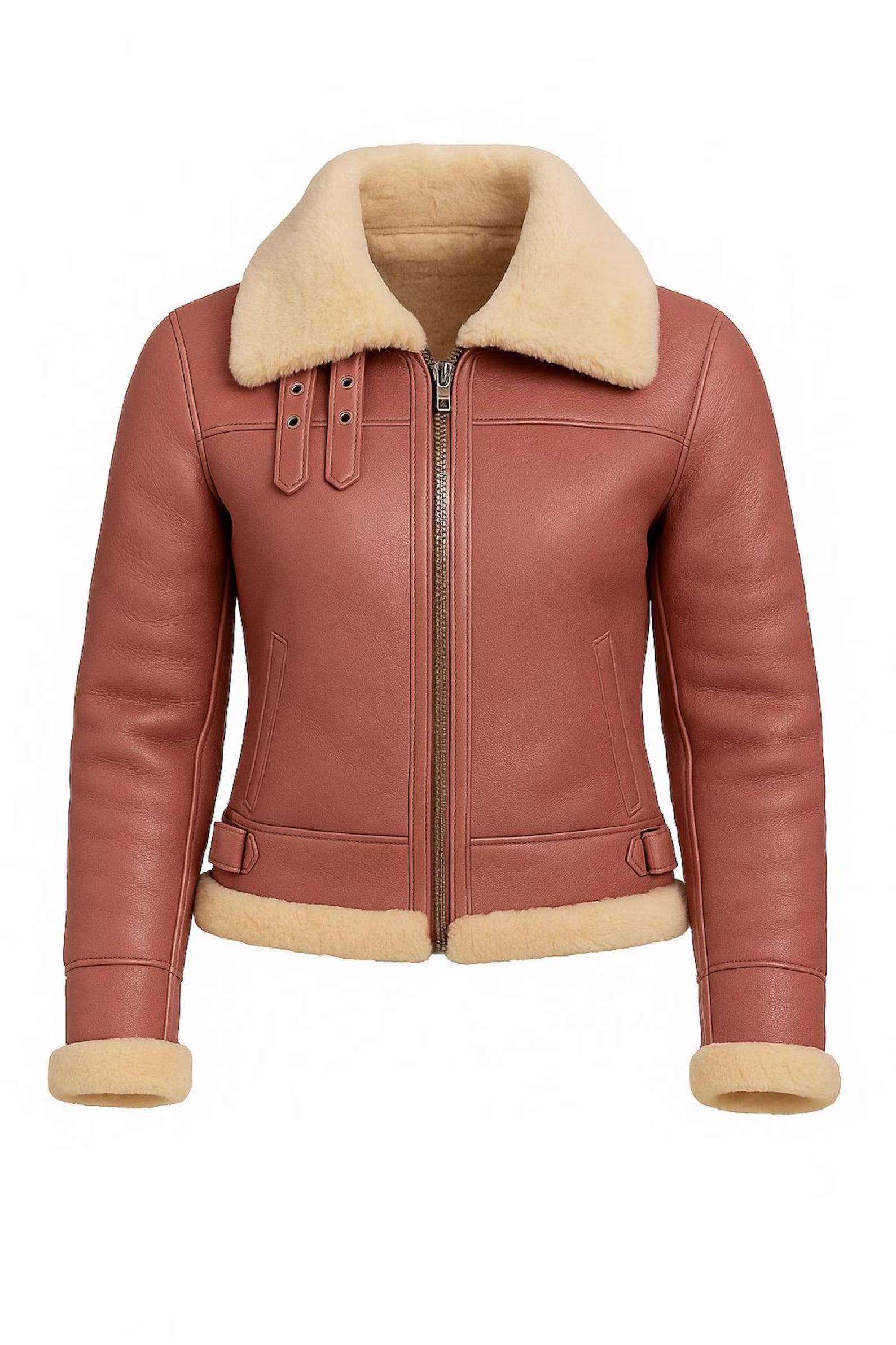 Dusty Rose Shearling Leather Aviator Jacket with Fur Collar