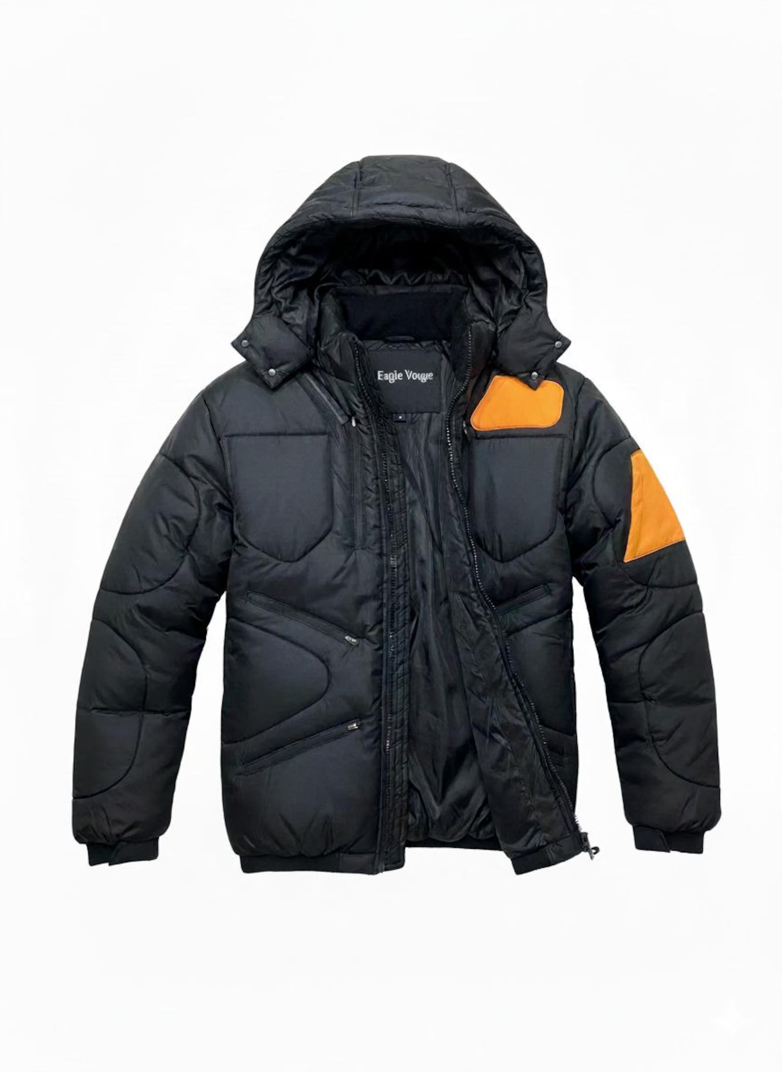 Men’s Black Down Puffer Jacket: Water-Resistant Winter Coat with Orange Detail