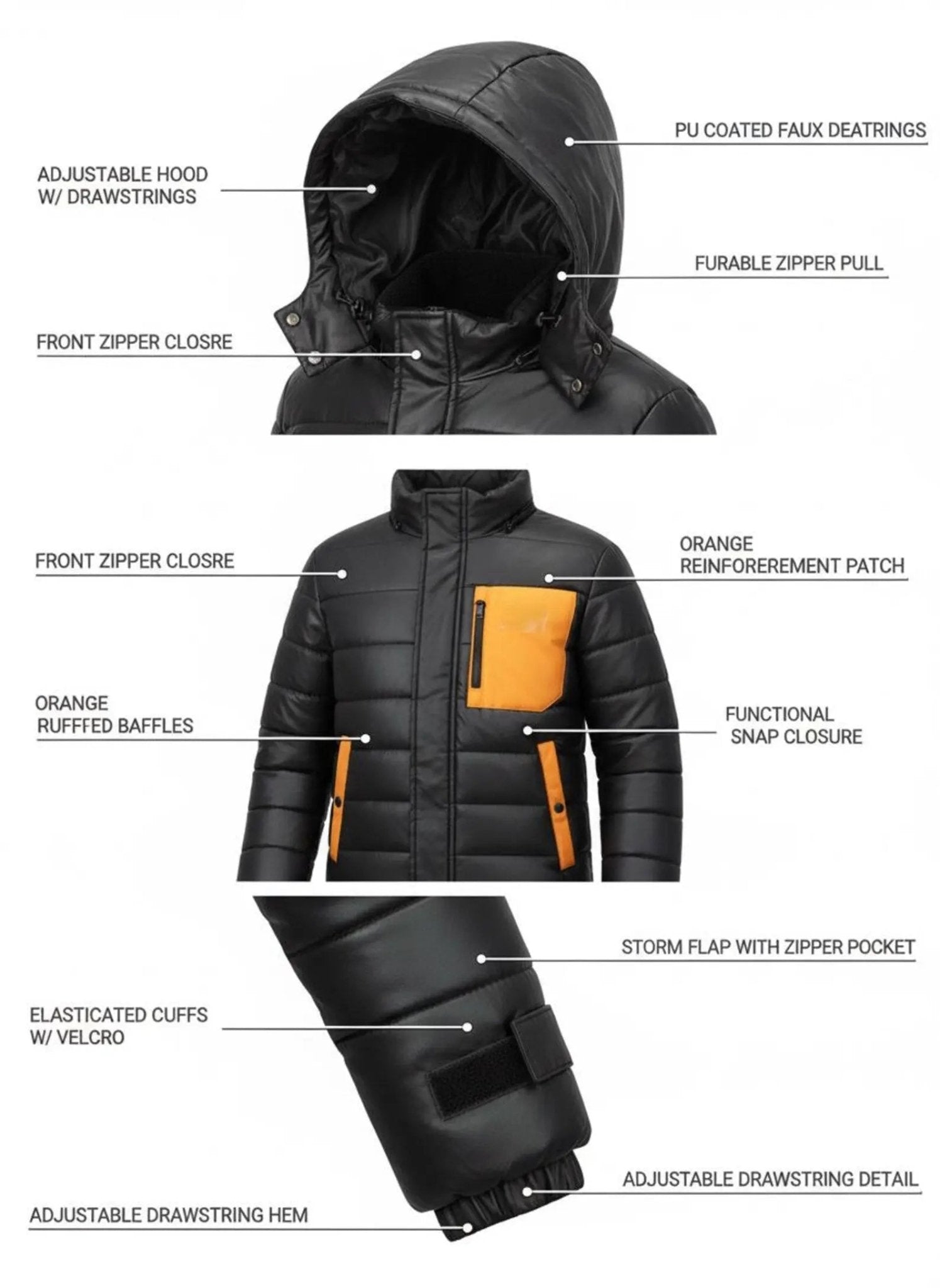 Men’s Black Down Puffer Jacket: Water-Resistant Winter Coat with Orange Detail