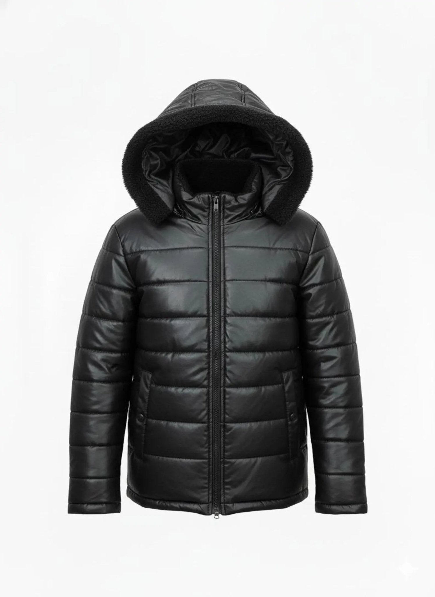 Men’s Black Faux Leather Puffer Jacket - Hooded Sherpa Lined Winter Coat