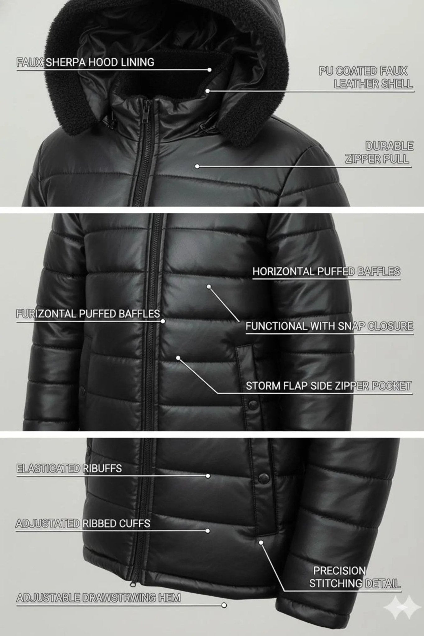 Men’s Black Faux Leather Puffer Jacket - Hooded Sherpa Lined Winter Coat