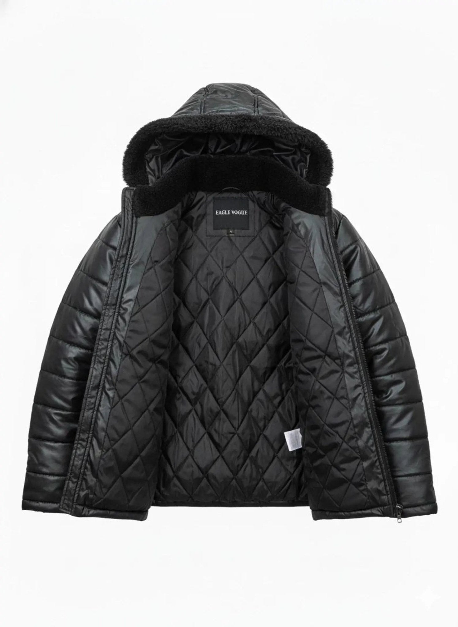 Men’s Black Faux Leather Puffer Jacket - Hooded Sherpa Lined Winter Coat