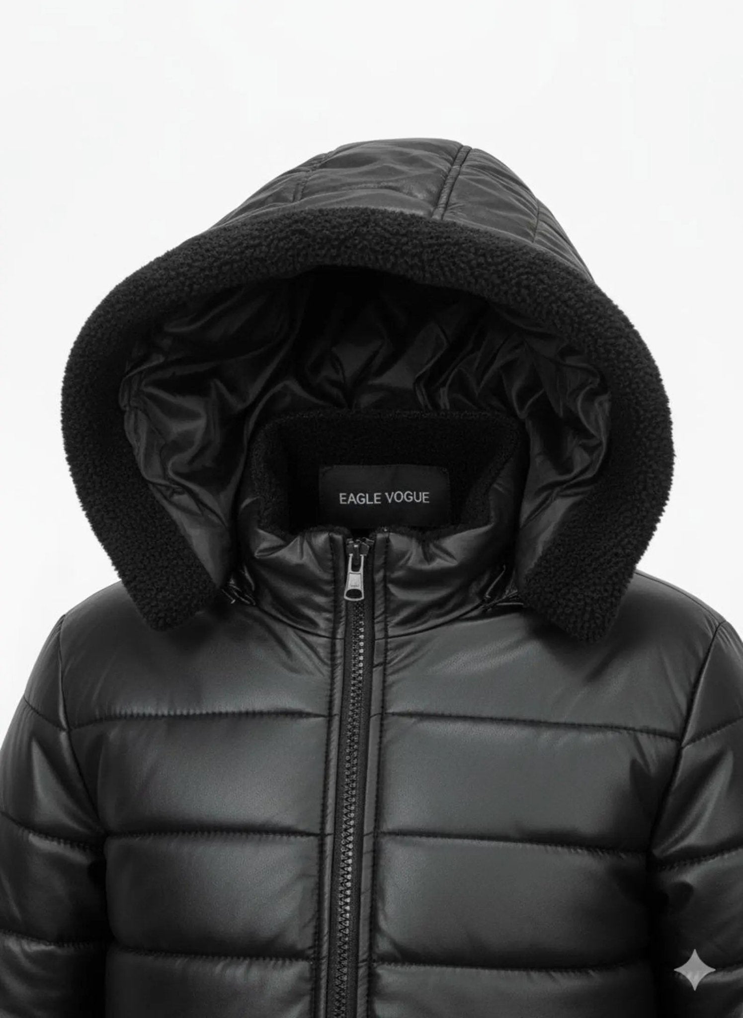 Men’s Black Faux Leather Puffer Jacket - Hooded Sherpa Lined Winter Coat