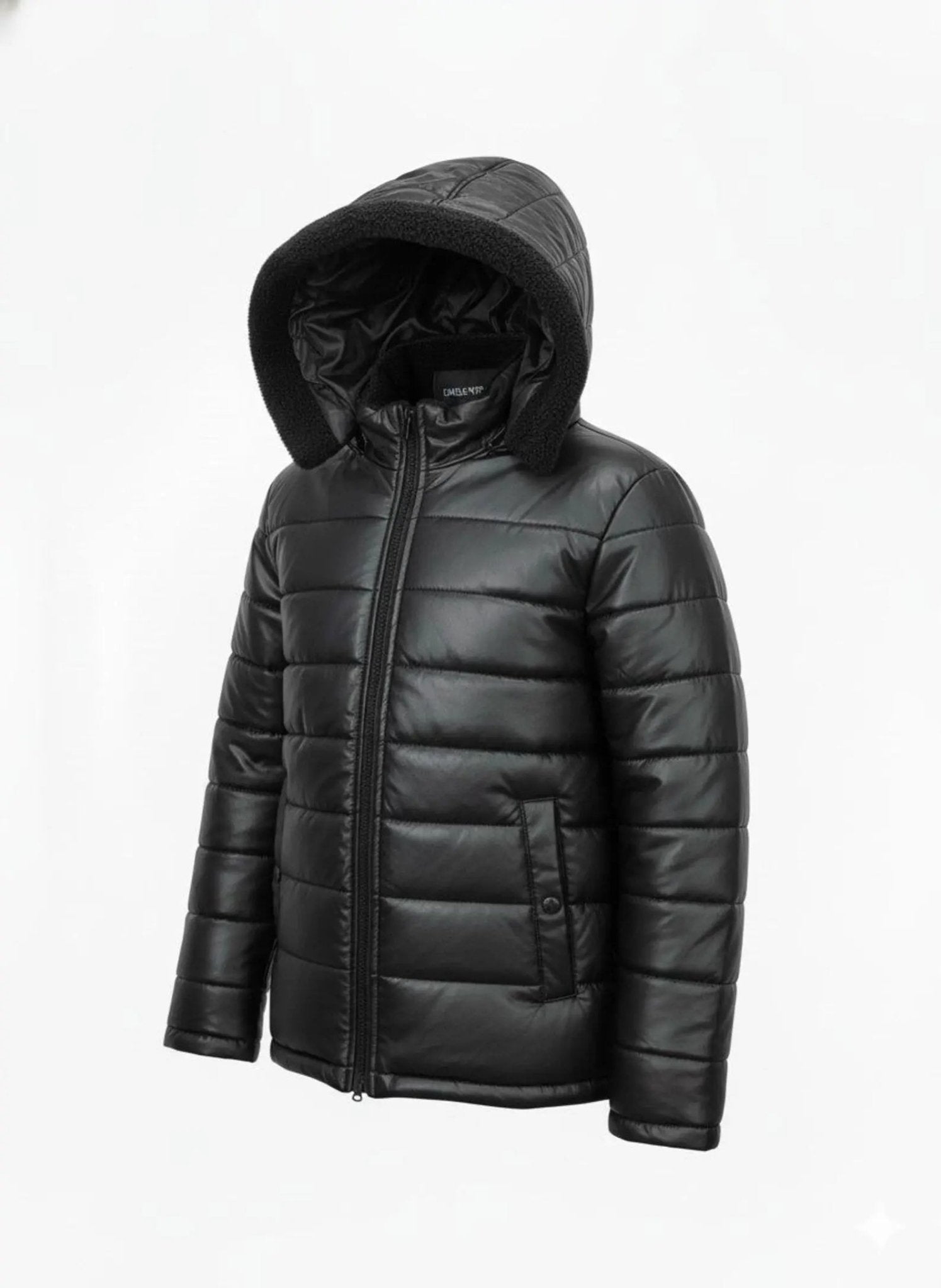 Men’s Black Faux Leather Puffer Jacket - Hooded Sherpa Lined Winter Coat