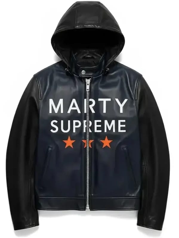 2025 Marty Supreme Navy Hooded Leather Jacket