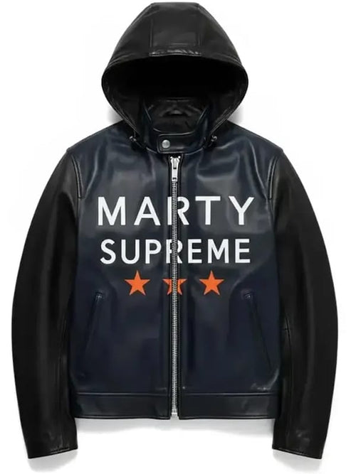 2025 Marty Supreme Navy Hooded Leather Jacket