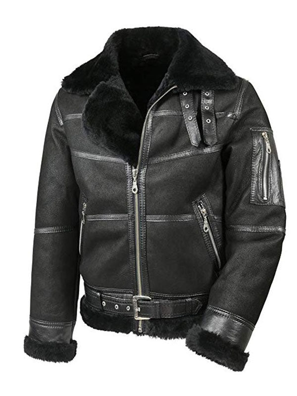Men's Aviator B16 Black Leather Shearling Jacket