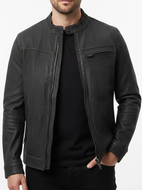 Men’s Black Vintage Racer Biker Leather Jacket - view 2