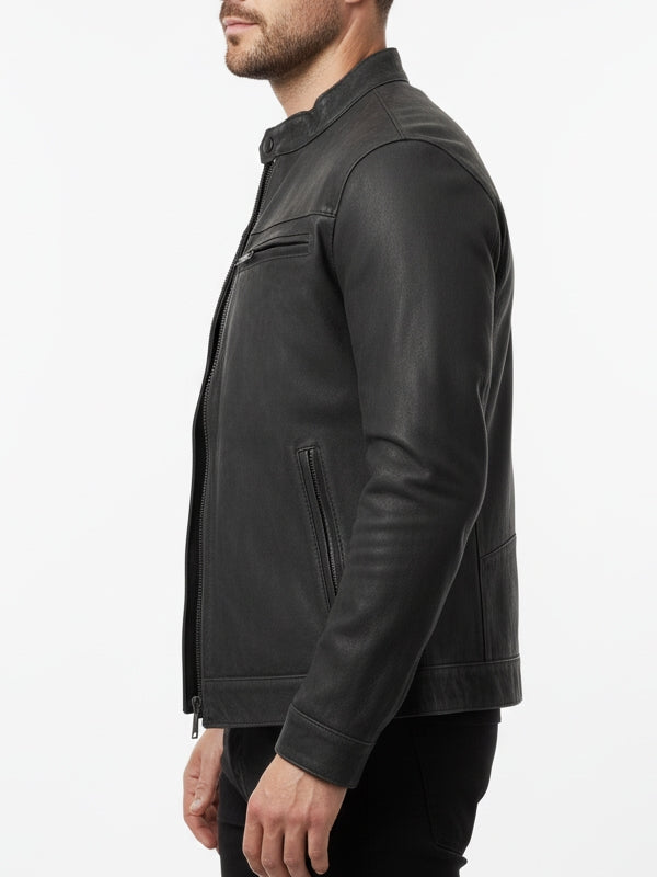 Men’s Black Vintage Racer Biker Leather Jacket - view 3