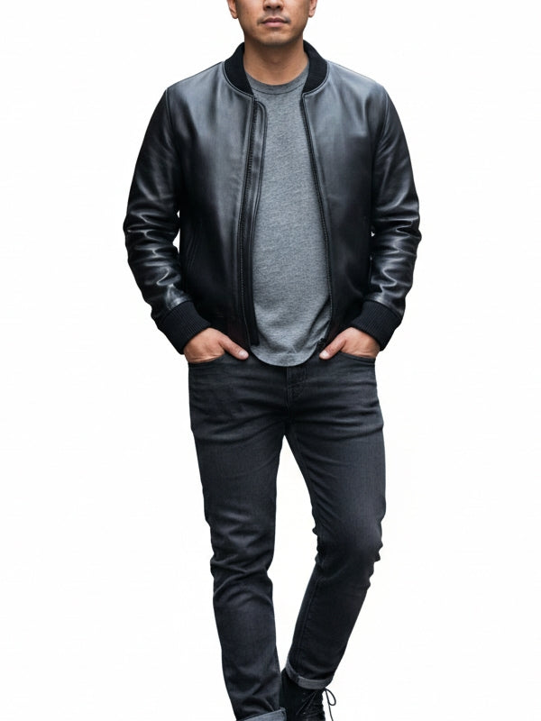 Men’s Classic Bomber Black Leather Jacket - view 2