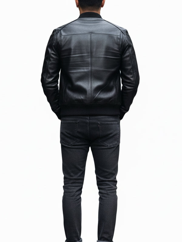 Men’s Classic Bomber Black Leather Jacket - view 3