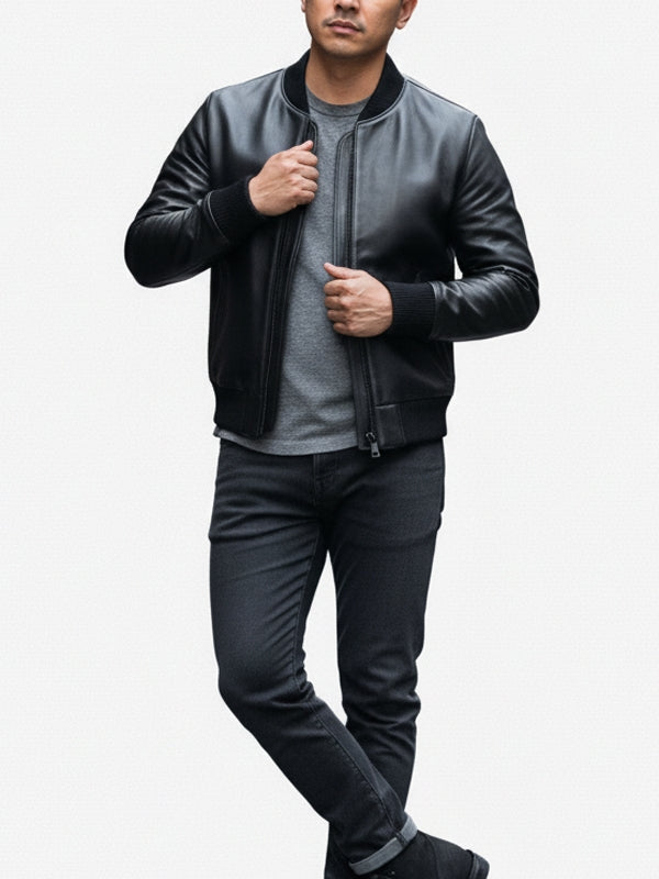 Men’s Classic Bomber Black Leather Jacket