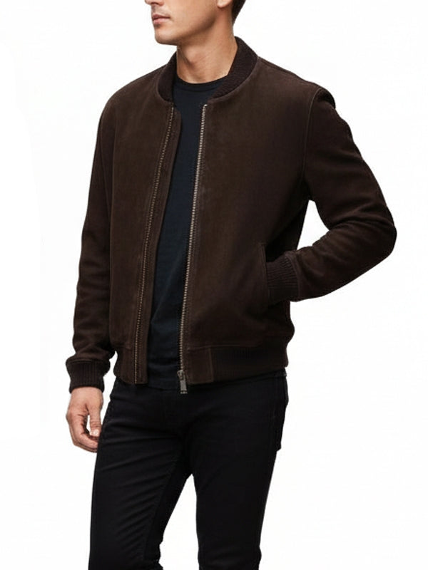 Men’s Classic Bomber Brown Suede Leather Jacket - view 3