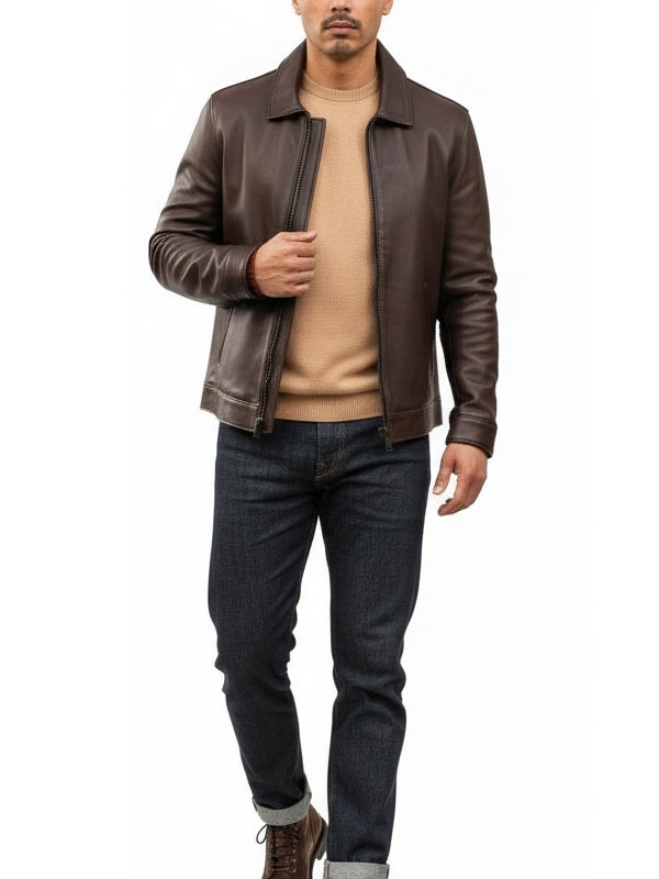 Men's Brown Harrington Sheepskin Leather Jacket - view 2
