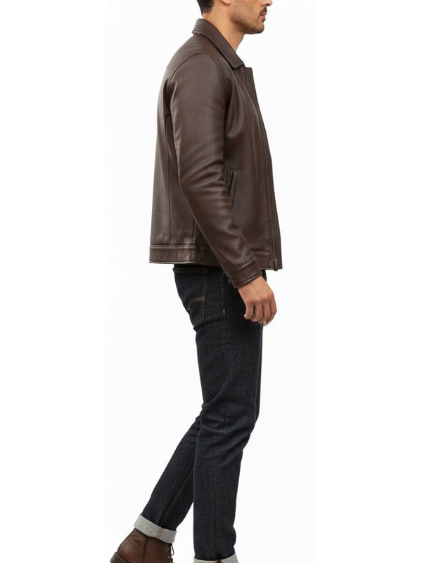 Men's Brown Harrington Sheepskin Leather Jacket - view 3