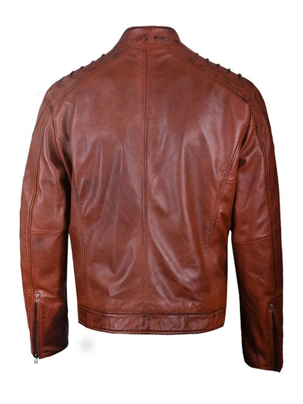 Men's Brown Padded Leather Biker Jacket - view 3