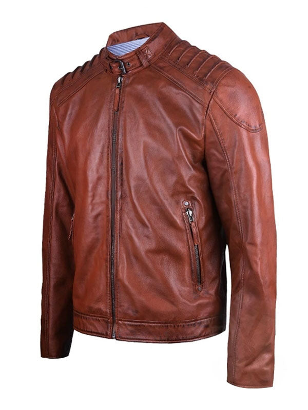 Men's Brown Padded Leather Biker Jacket - view 2