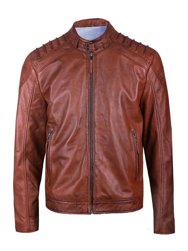 Men's Brown Padded Leather Biker Jacket