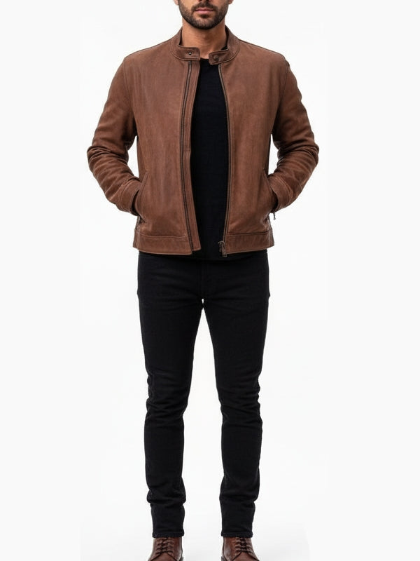 Men’s Camel Brown Moto Racer Suede Jacket