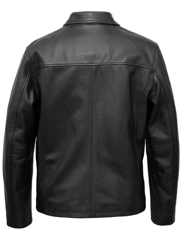 Men's Biker Shirt Collar Black Leather Jacket - view 2