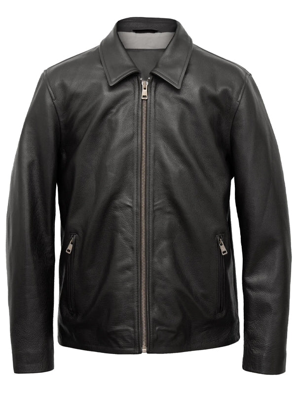Men's Biker Shirt Collar Black Leather Jacket