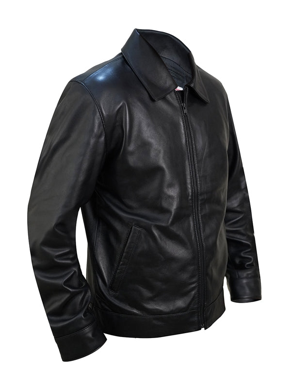 Men’s Classic Black Shirt-Collar Leather Jacket - view 2