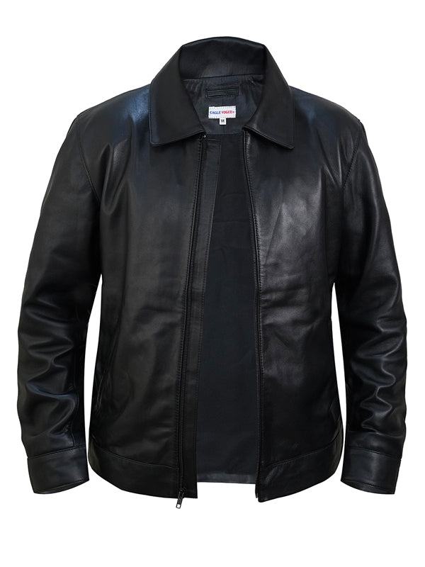 Men’s Classic Black Shirt-Collar Leather Jacket - view 3