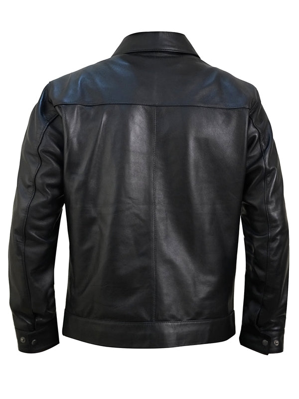 Men’s Classic Black Shirt-Collar Leather Jacket - view 4