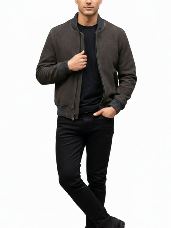 Men’s Classic Bomber Grey Suede Leather Jacket - view 2