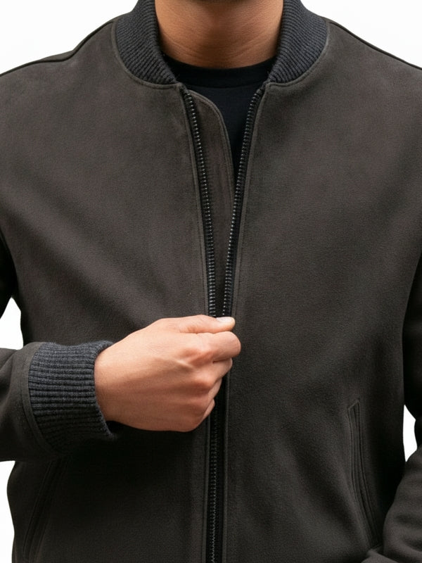 Men’s Classic Bomber Grey Suede Leather Jacket - view 3
