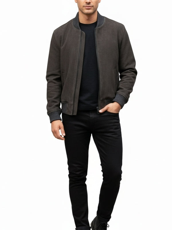 Men’s Classic Bomber Grey Suede Leather Jacket