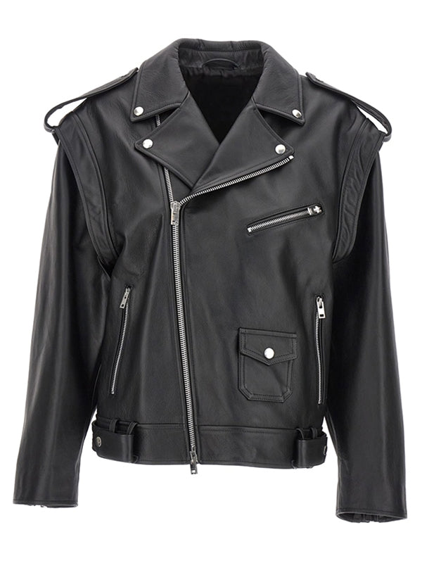 Men's Cross Zipper Biker Black Leather Jacket