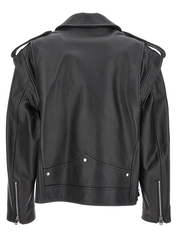 Men's Cross Zipper Biker Black Leather Jacket - view 2