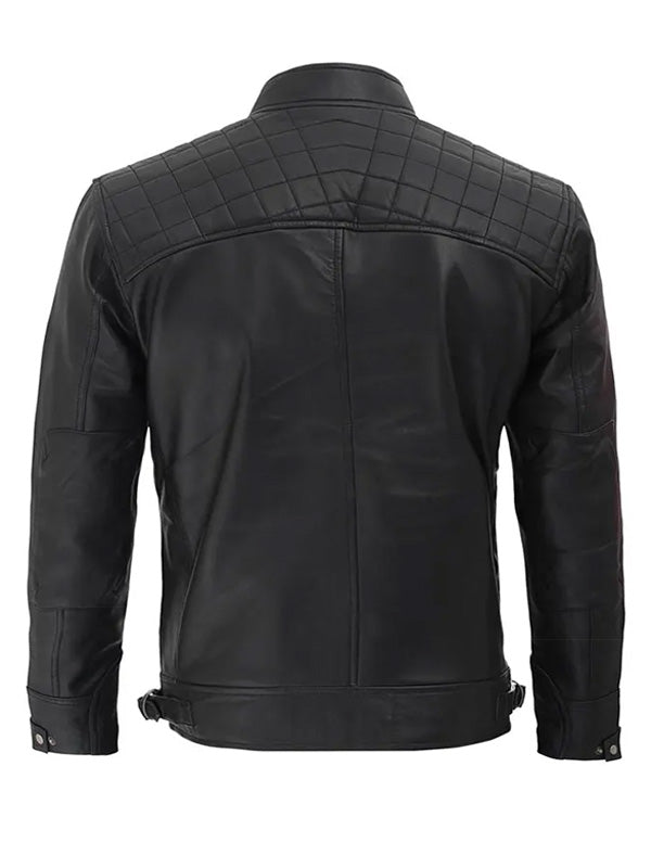 Men's Diamond Quilted Black Leather Motorcycle Jacket - view 2