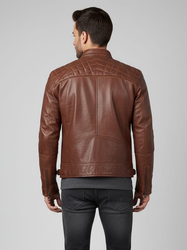 Men’s Diamond Quilted Brown Leather Motorcycle Jacket - view 3