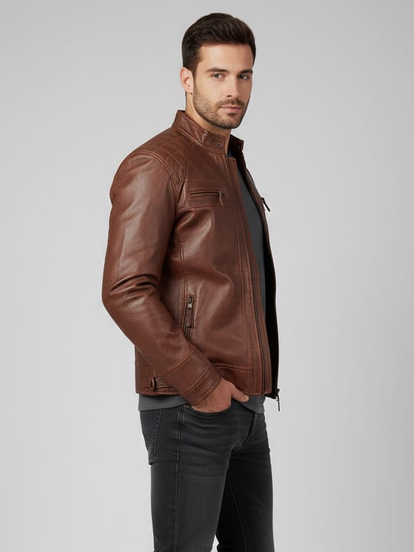 Men’s Diamond Quilted Brown Leather Motorcycle Jacket - view 2