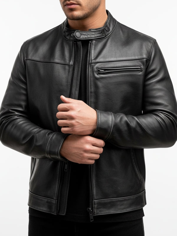 Men's Dodge Black Cafe Racer Leather Jacket - view 2