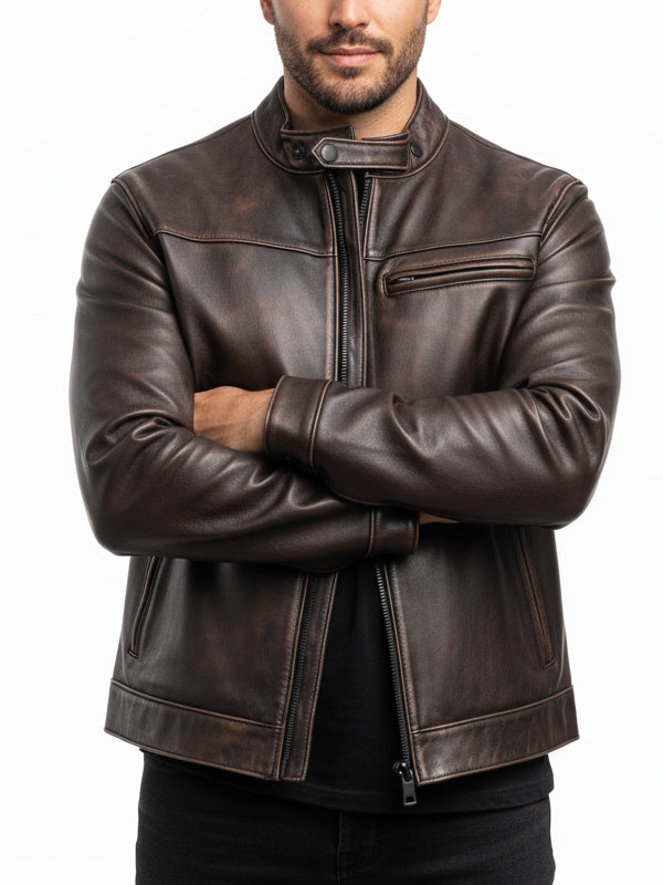 Men's Dodge Brown Cafe Racer Leather Jacket - view 2