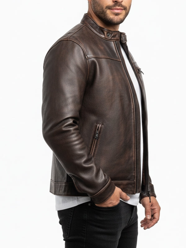 Men's Dodge Brown Cafe Racer Leather Jacket - view 3