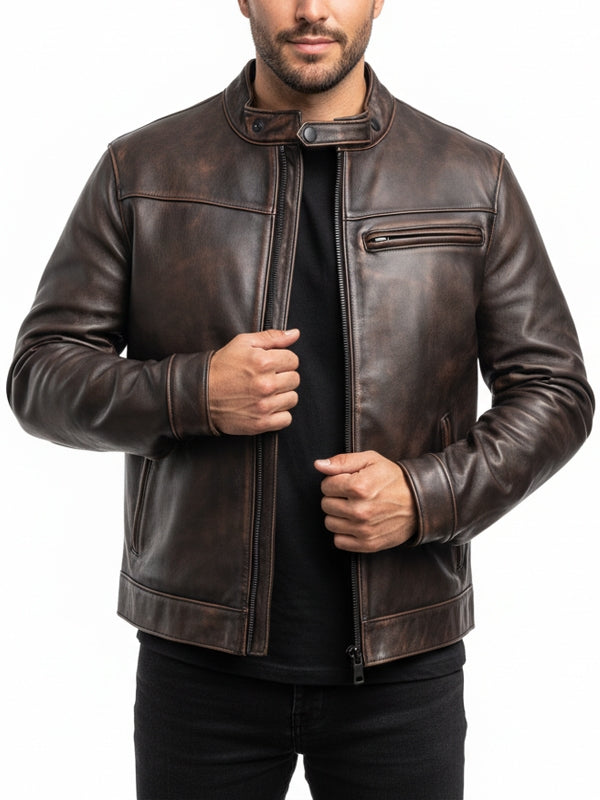 Men's Dodge Brown Cafe Racer Leather Jacket