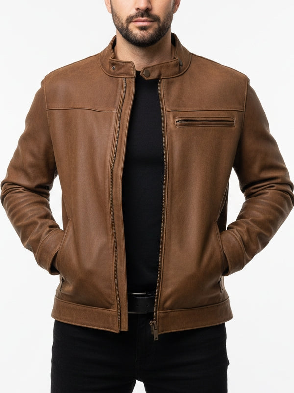 Men's Dodge Tan Brown Cafe Racer Leather Jacket - view 2