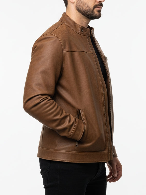 Men's Dodge Tan Brown Cafe Racer Leather Jacket - view 3