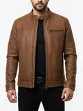 Men's Dodge Tan Brown Cafe Racer Leather Jacket